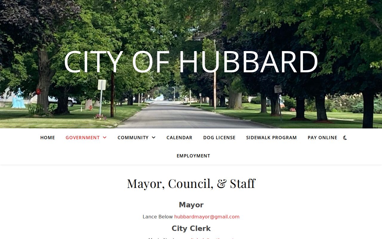 Hubbard City Hall and city clerk contact information