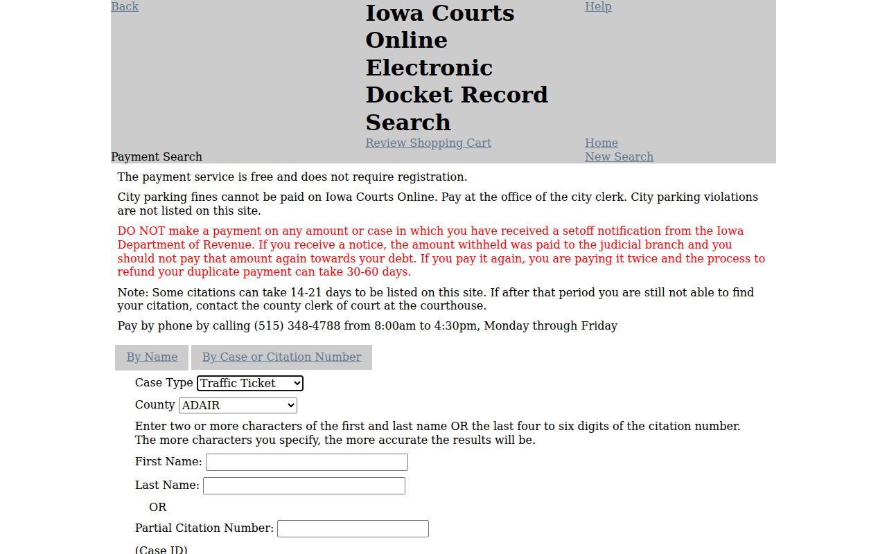 Hardin County warrant payment search fields on Iowa Courts Online